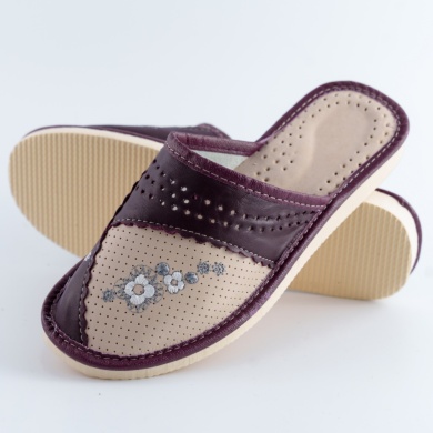 Kapcie damskie z kwiatowym zdobieniem Naturfeet PKC5PU beżowo-bordowe