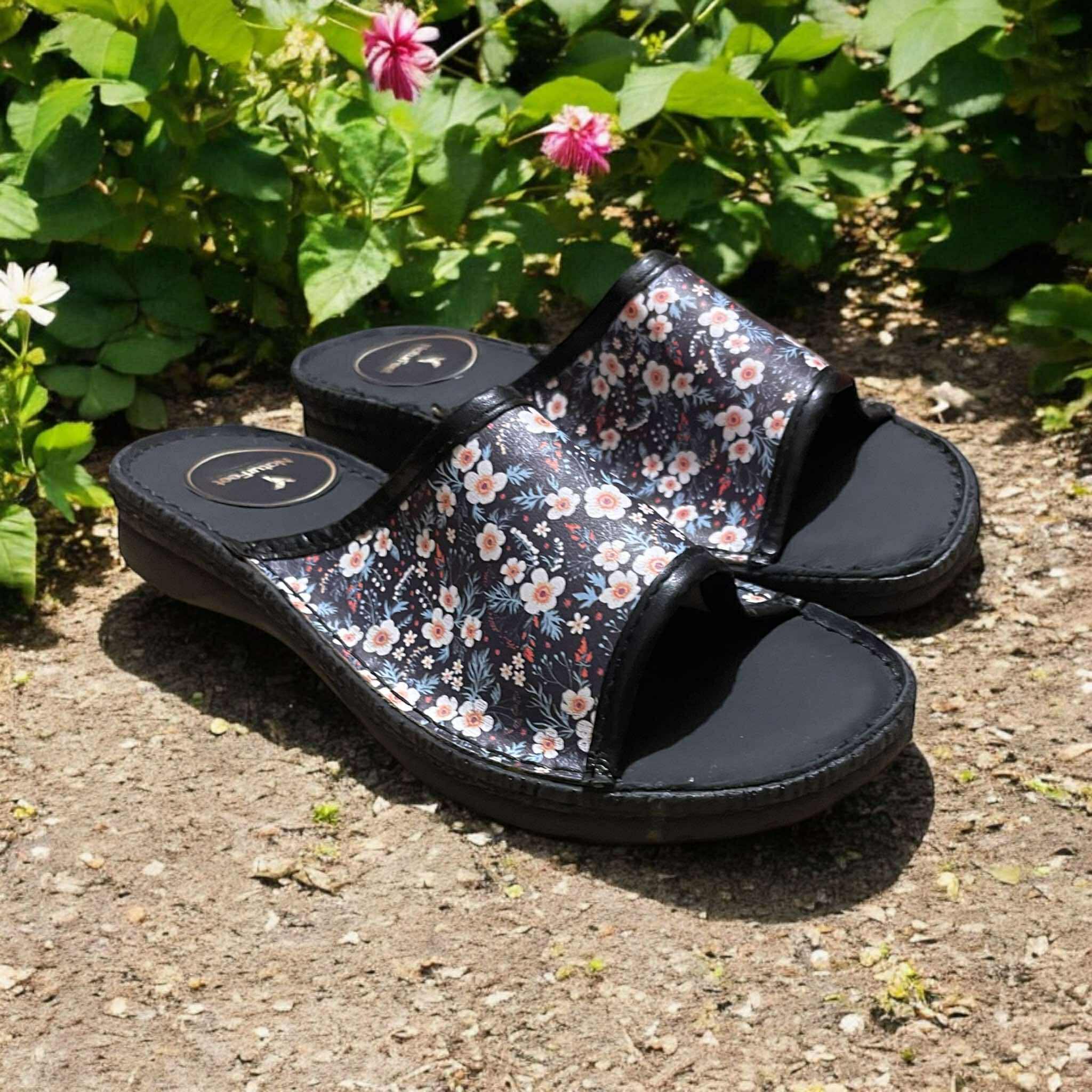 Klapki damskie z kwiatowym wzorem Naturfeet KKO5BL czarne - zdjecie 4