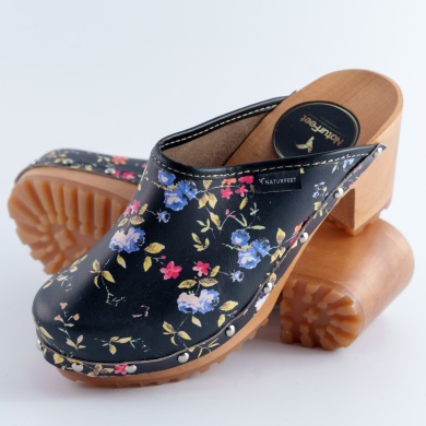 Drewniaki damskie na obcasie w kwiaty Naturfeet DH5BL czarne