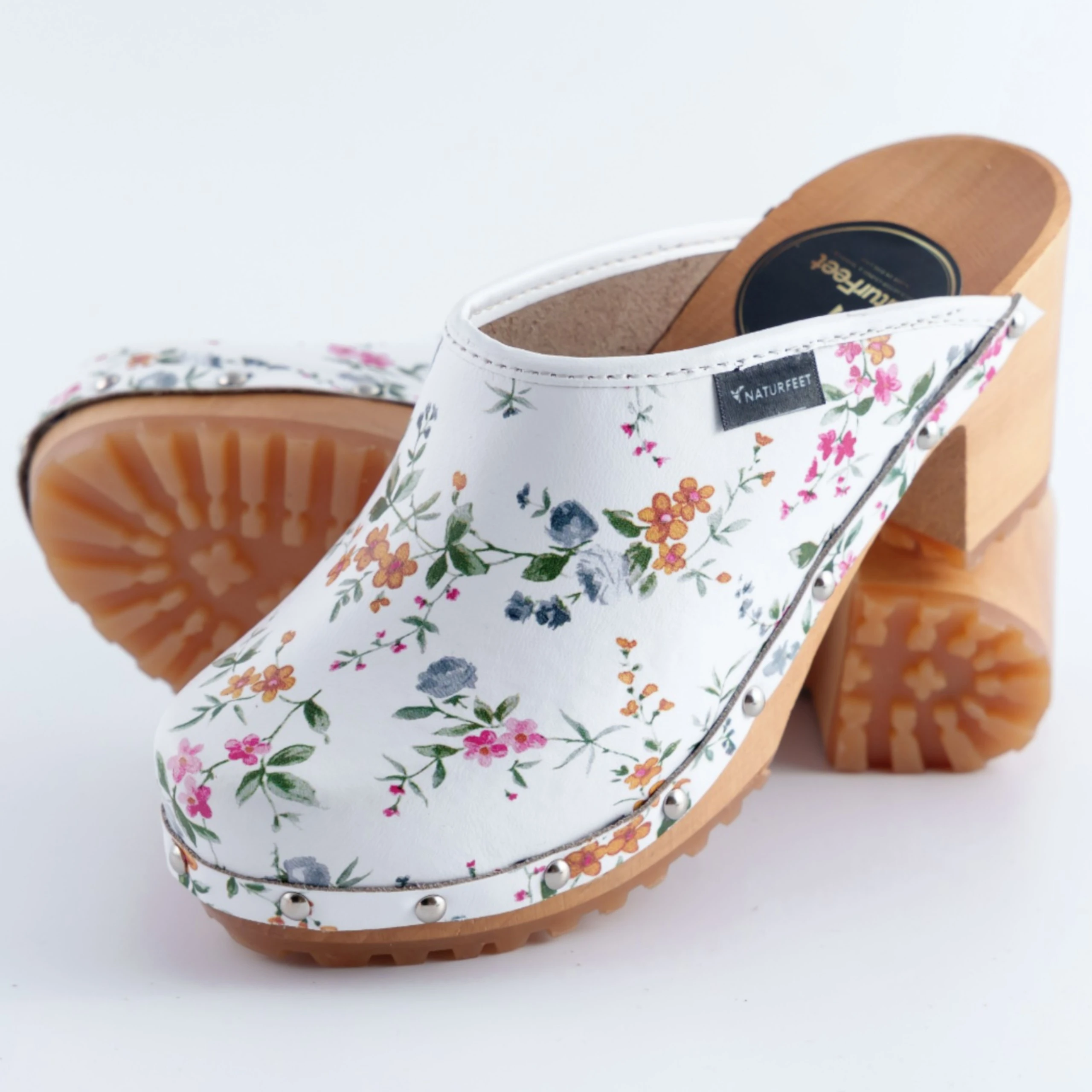 Drewniaki damskie w kwiaty Naturfeet DH5WH białe