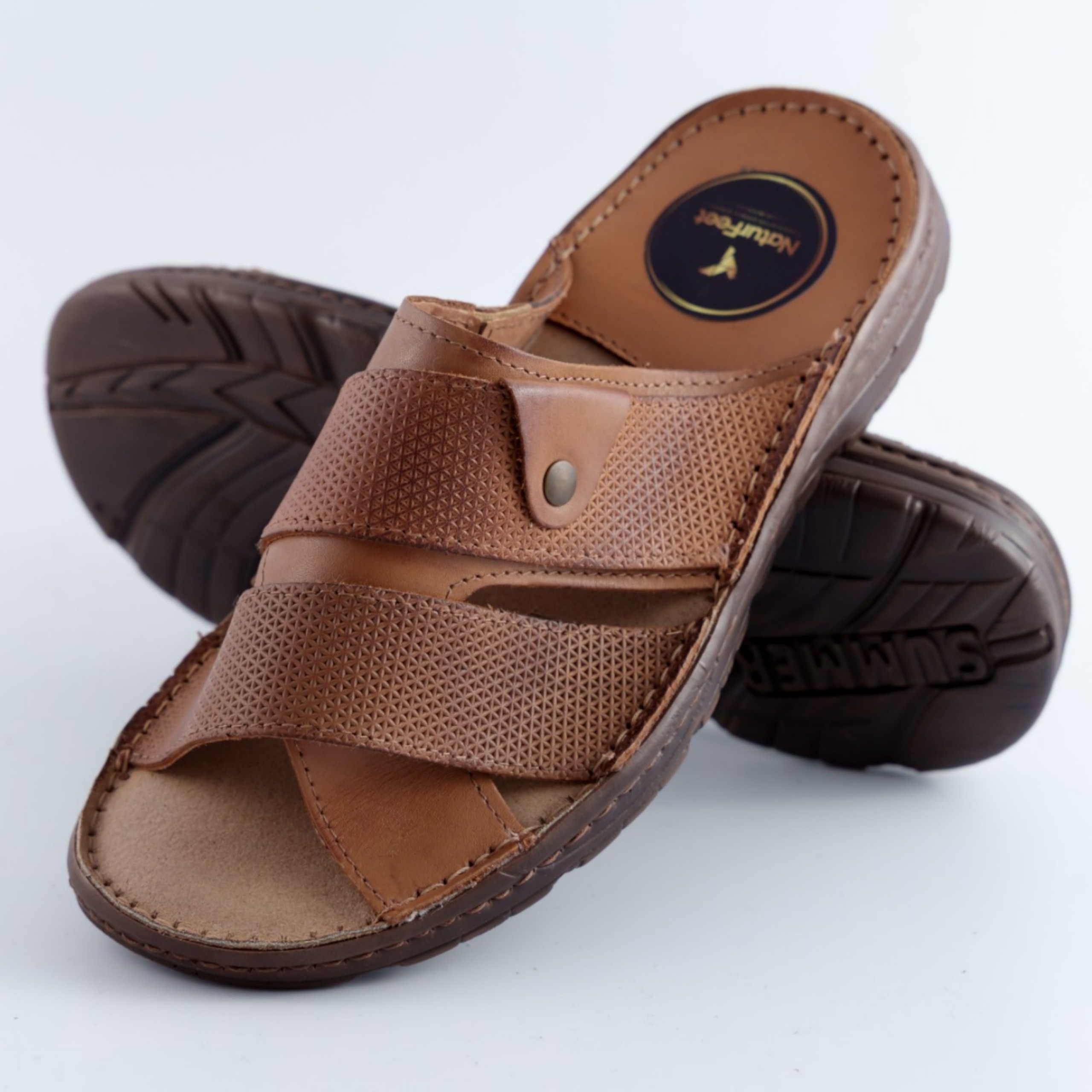 Brązowe Klapki Męskie Naturfeet - Letnie Skórzane Obuwie z Antypoślizgową Podeszwą KMO2BR