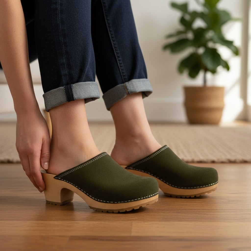 Damskie chodaki Naturfeet DH8GE z naturalnej skóry zamszowej - khaki - zdjecie 4