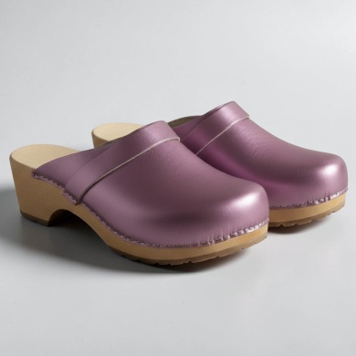 Damskie chodaki Naturfeet DKC2PI - skórzane na drewnianym obcasie satynowy róż