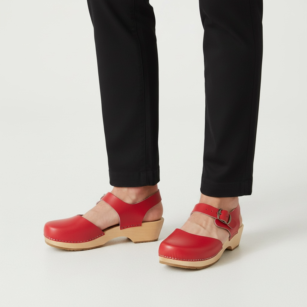 Sandały chodaki skórzane czerwone na drewnie olchowym klapki Naturfeet SK2RE - zdjecie 2