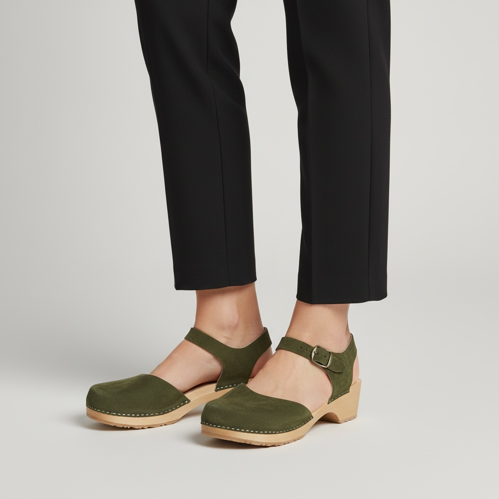 Sandały chodaki ze skóry zamszowej zielone na drewnie olchowym klapki Naturfeet SK8GR - zdjecie 2