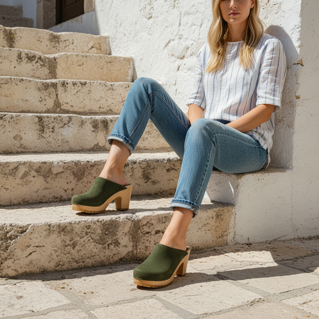 Damskie chodaki Naturfeet DH8GE z naturalnej skóry zamszowej - khaki - zdjecie 5