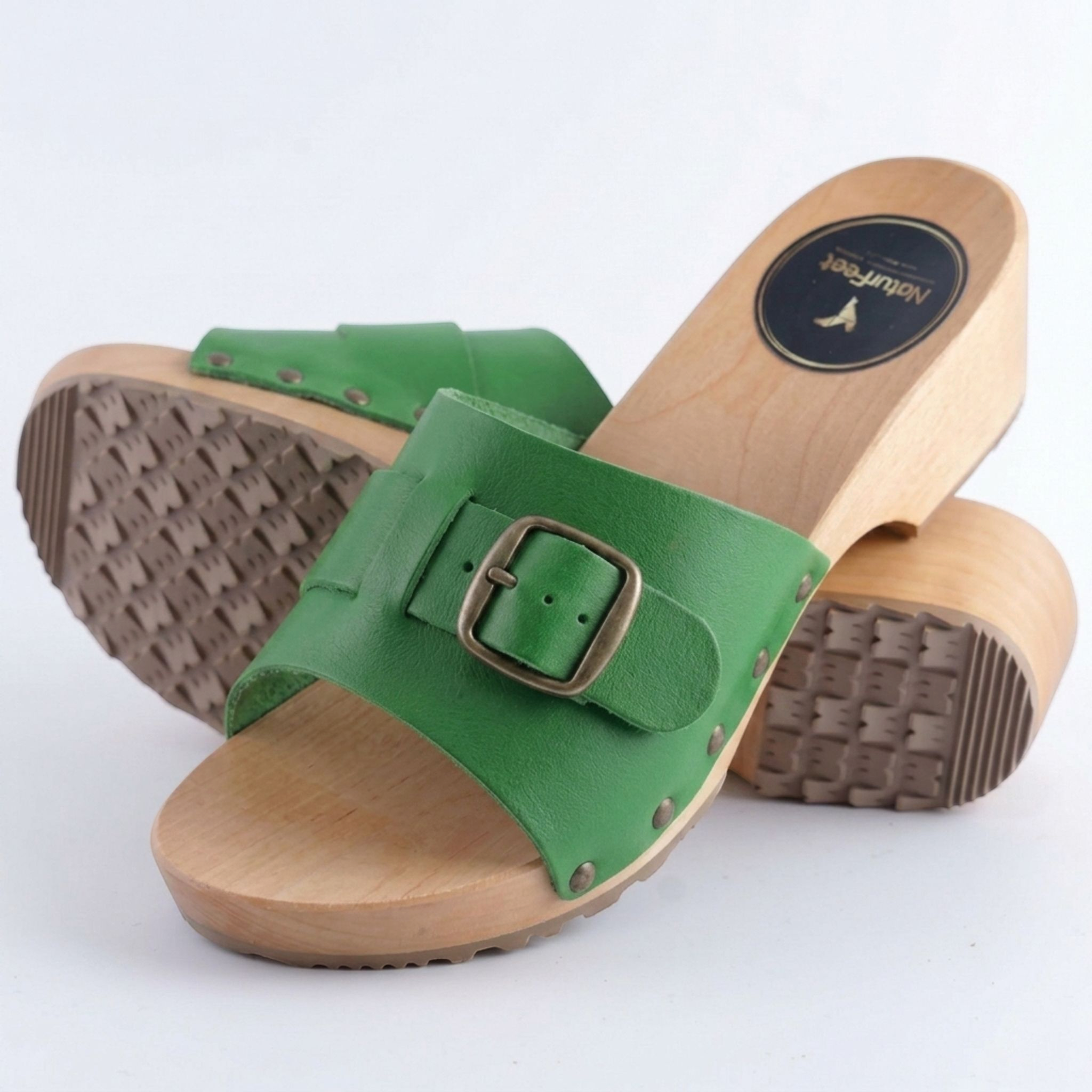 Eleganckie klapki skórzane zielone regulowane podbicie | Naturfeet KKO3GS