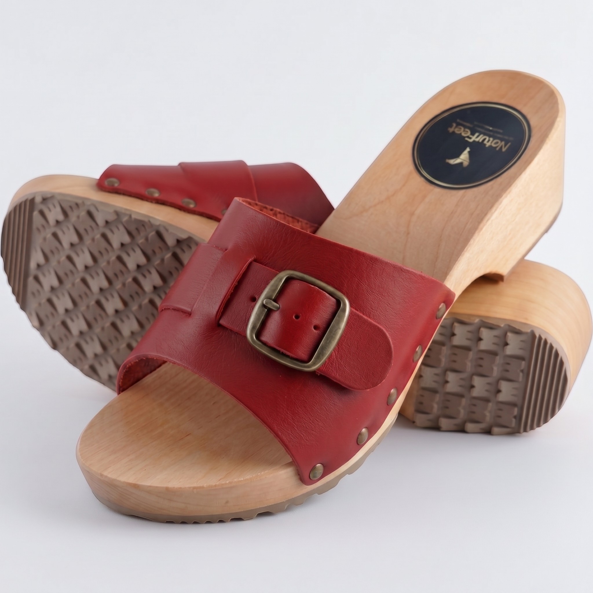 Eleganckie klapki skórzane czerwone regulowane podbicie | Naturfeet KKO3RE